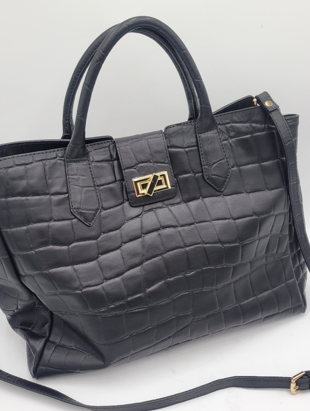 A. BELLUCCI Black Croc-Embossed Leather Crossbody Satchel